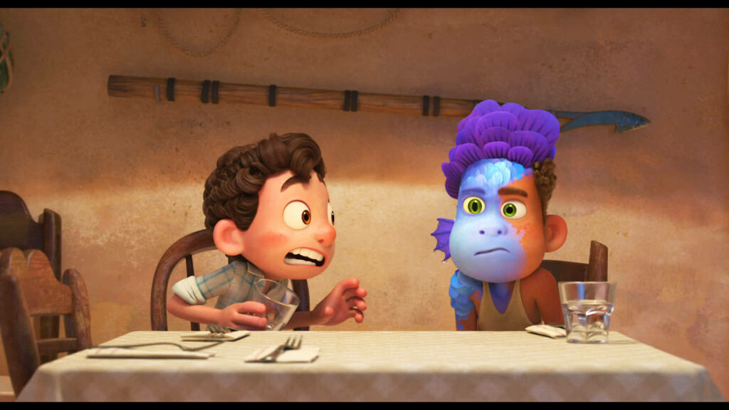 Humorous Luca Movie Scene: Alberto's Sea Monster Transformation Wallpaper