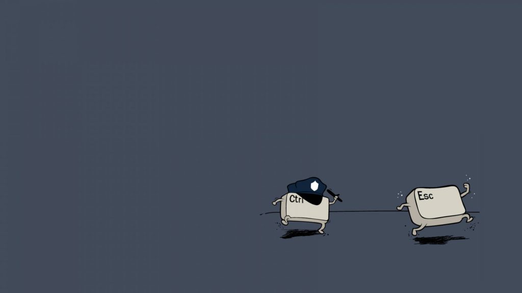 Minimalist keyboard wallpaper with Ctrl key as cop chasing Esc key on grey background