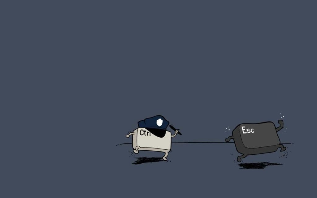 Funny minimalist wallpaper with police Ctrl key chasing Esc key on dark background desktop