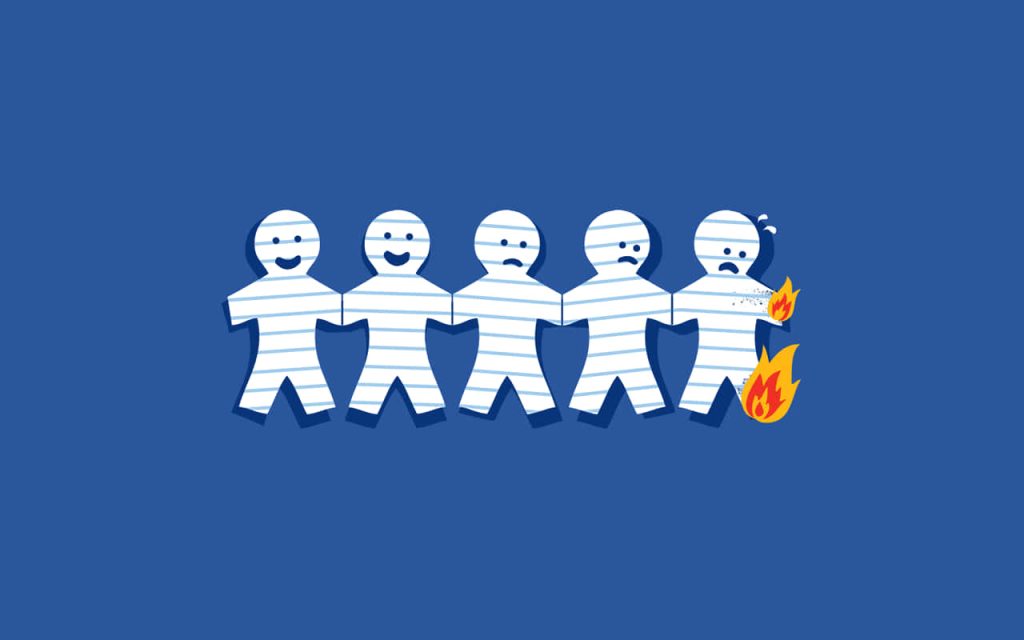 Funny minimalist desktop wallpaper with lined paper dolls showing emotions and fire damage
