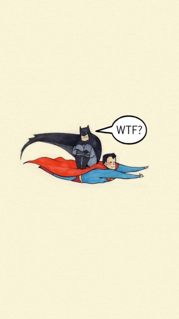 Minimalist illustration of Superman flying with grumpy Batman on his back saying WTF DC fan art wallpaper