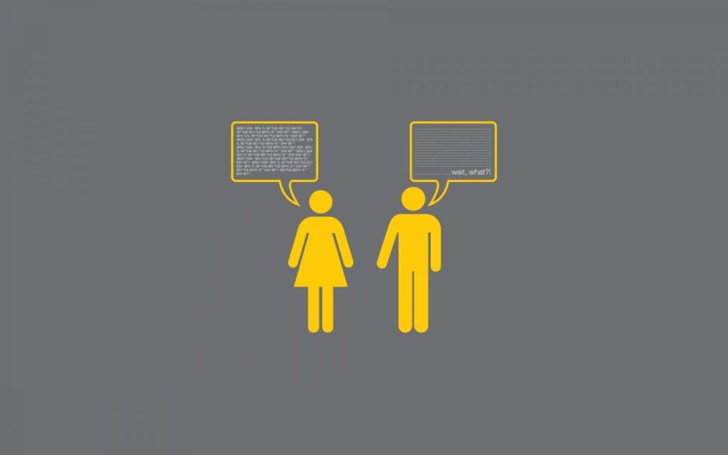 Funny minimalist desktop wallpaper with yellow stick figures and humorous coding chat on grey background