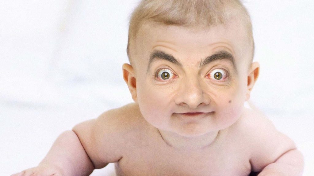 Baby with Mr Bean face digital edit funny meme wallpaper on white background surreal humor