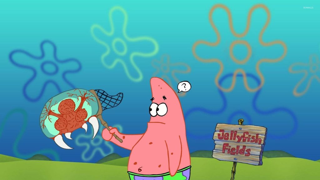 Patrick Star holding a net trapping a brain in sunny Jellyfish Fields SpongeBob wallpaper background