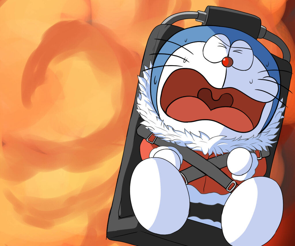 Doraemon's Hilarious Christmas Meltdown: Festive Frustration on a Vibrant Orange Background Wallpaper