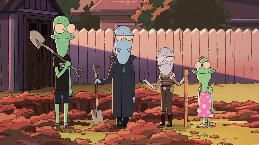 Funny Alien Teamwork in Solar Opposites: Backyard Scene Wallpaper