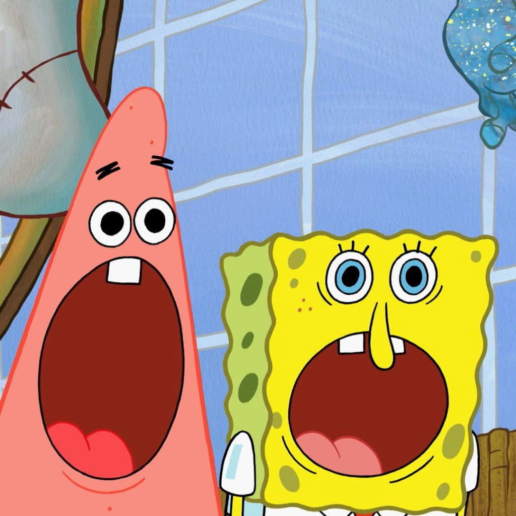 Funny SpongeBob and Patrick screaming face wallpaper blue tiled background reaction meme PFP