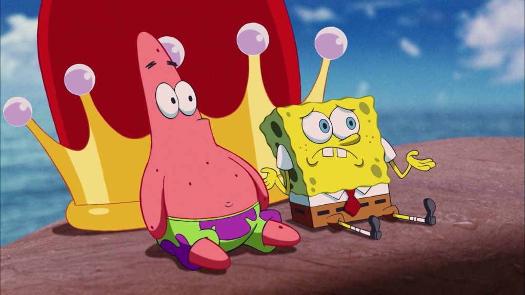 SpongeBob and Patrick shocked by King Neptune crown vibrant animated wallpaper background