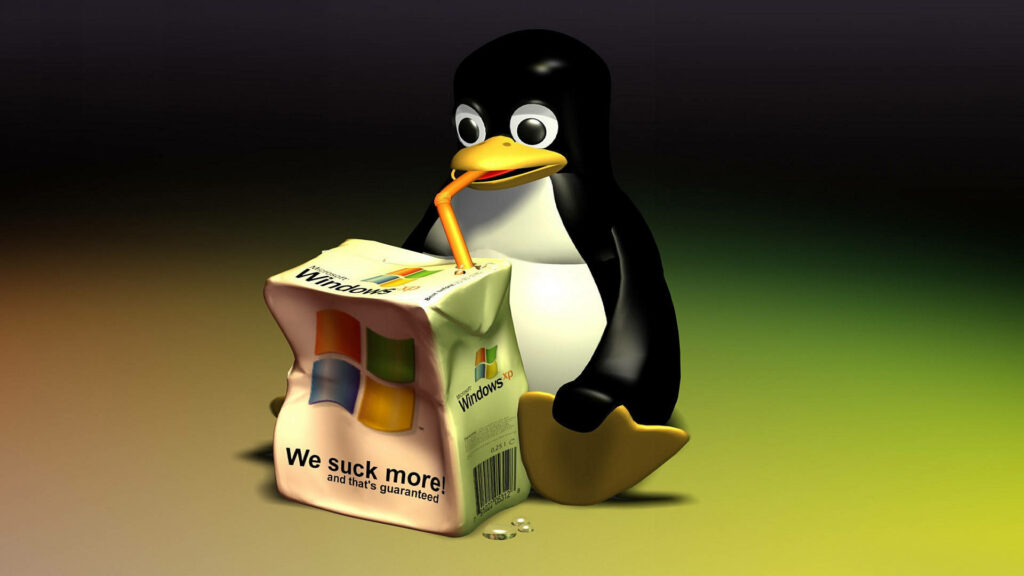 3D Tux the Penguin Sips Windows Juice - Humorous Wallpaper