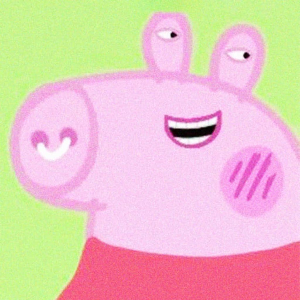 Surreal Peppa Pig wallpaper with distorted face and eyes on head on light green background