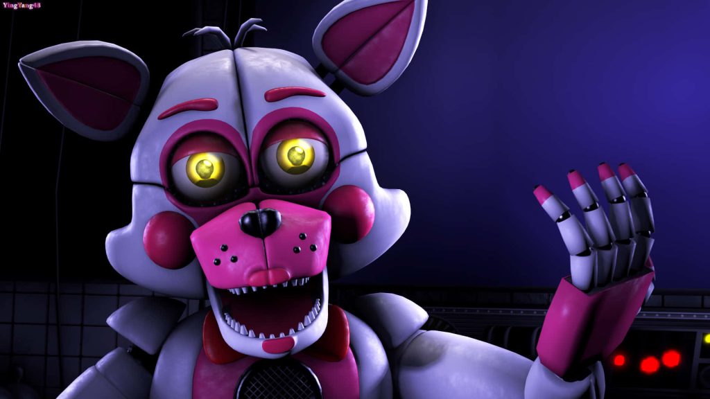 3D CGI Funtime Foxy animatronic with glowing yellow eyes in dark horror Sister Location wallpaper