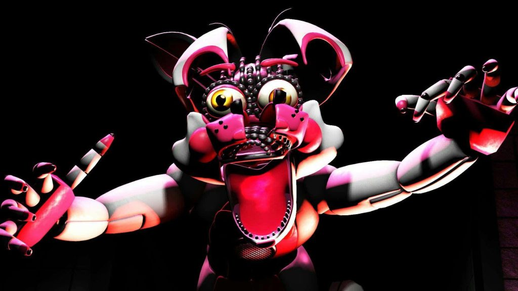 3D CGI Funtime Foxy animatronic with pink white plating and yellow eyes on dark Five Nights at Freddy's background Wallpaper
