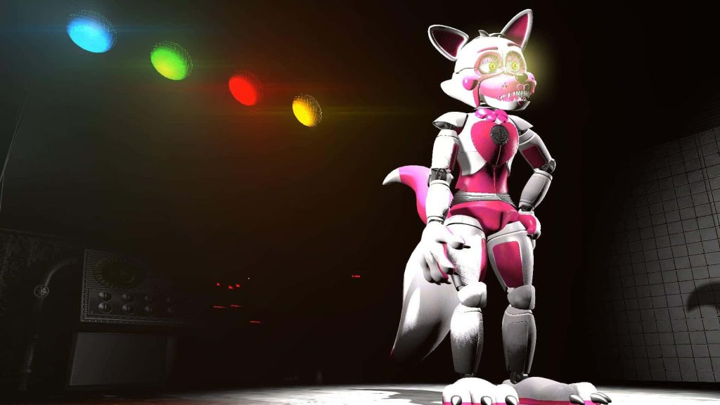3D CGI Funtime Foxy animatronic in colorful spotlights on dark industrial FNAF wallpaper background