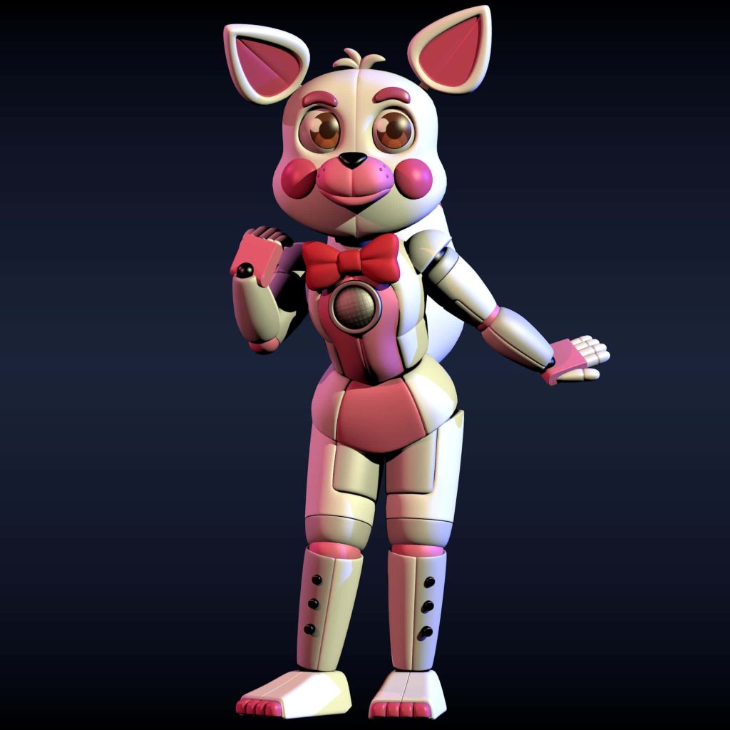 High-quality 3D render of Funtime Foxy animatronic with white pink plating and red bow tie Wallpaper