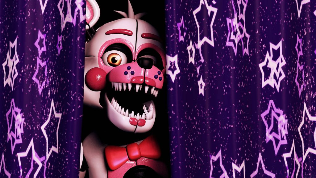 Funtime Foxy animatronic peeking from starry purple curtains Five Nights at Freddy's wallpaper