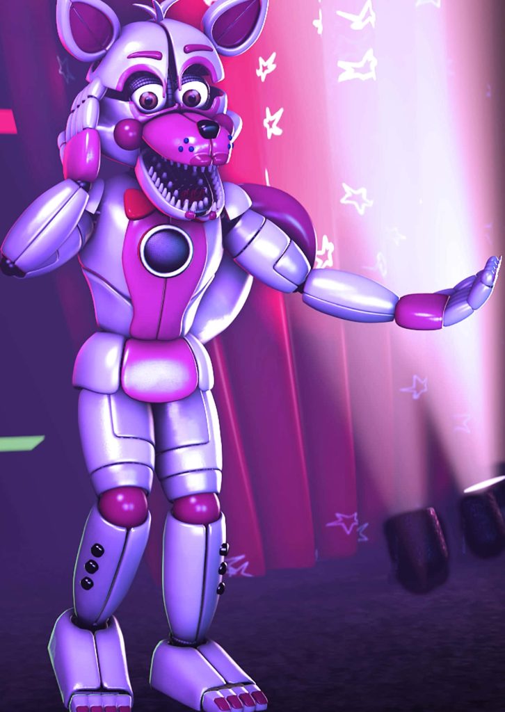 Funtime Foxy animatronic in vibrant CGI pose on starry stage background Five Nights at Freddy's Wallpaper