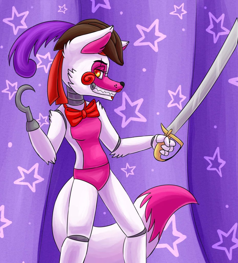 Funtime Foxy digital art wallpaper with brown hair pirate hook sword purple starry background