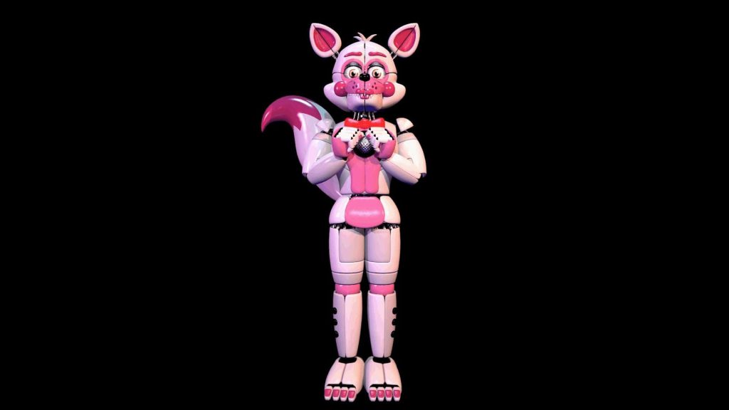3D render of Funtime Foxy holding microphone vibrant pink white animatronic Five Nights at Freddy's Wallpaper