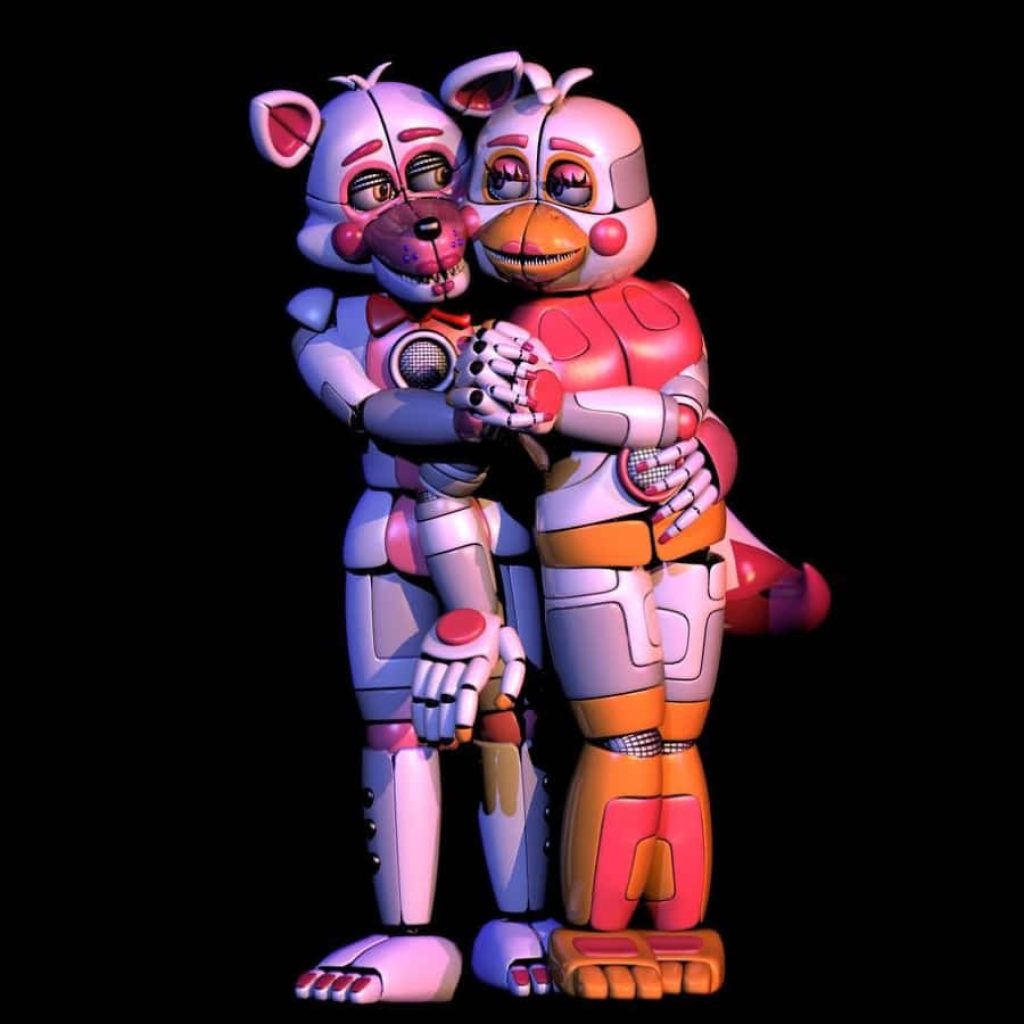 3D CGI Five Nights at Freddy's Funtime Foxy and Funtime Chica holding hands wallpaper