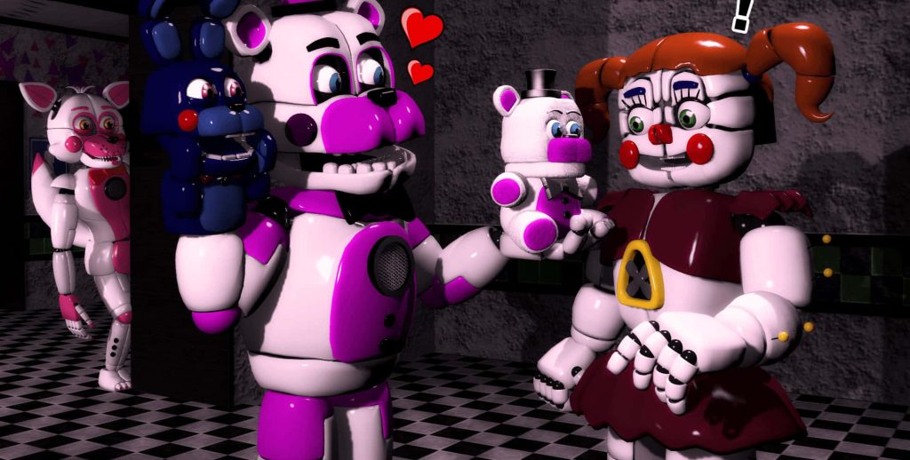 Funtime Freddy with Bon-Bon offering plush to Circus Baby Funtime Foxy watches FNaF wallpaper