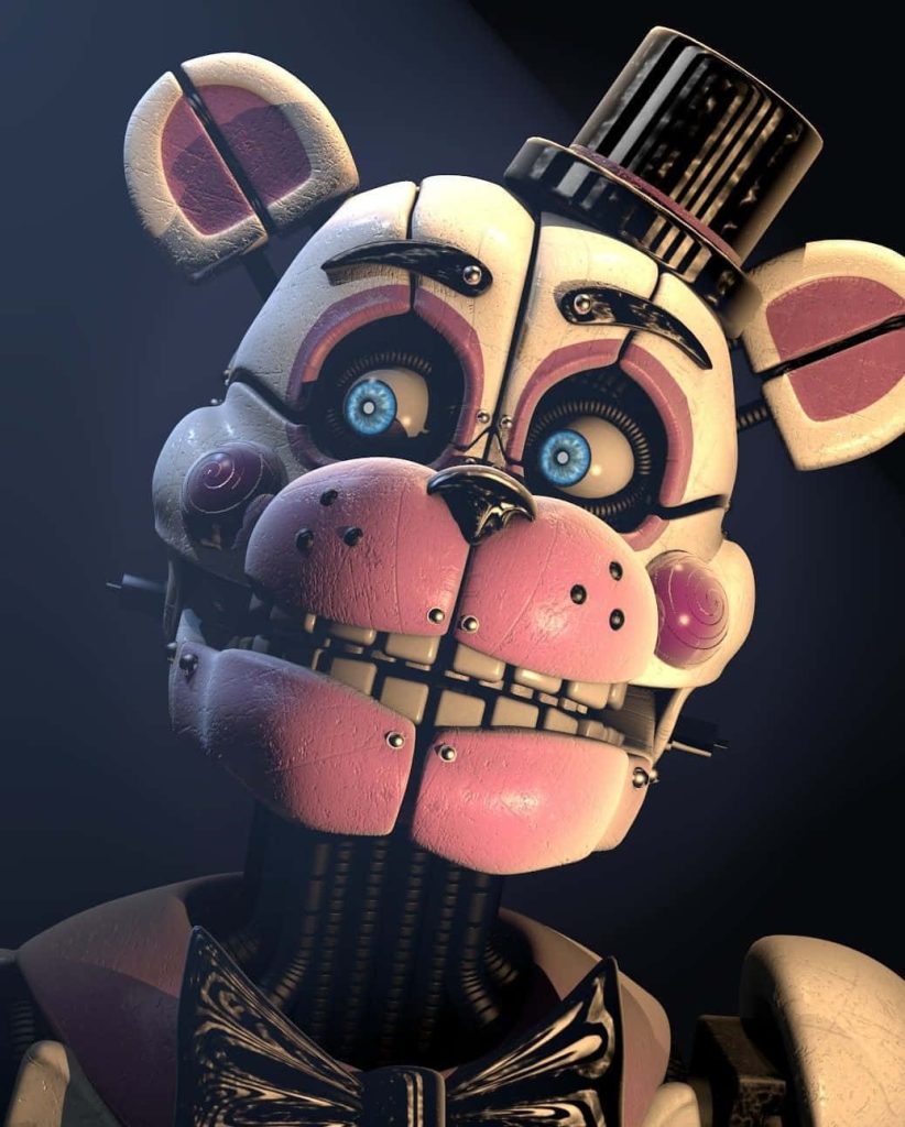 Close-up of Funtime Freddy animatronic bear with blue eyes and top hat Five Nights at Freddy's wallpaper