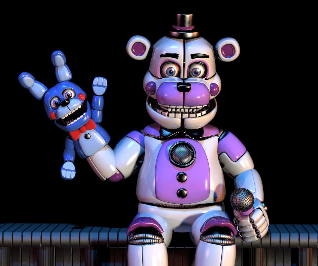 Funtime Freddy animatronic from FNAF Sister Location holding Bon-Bon and microphone on black background Wallpaper