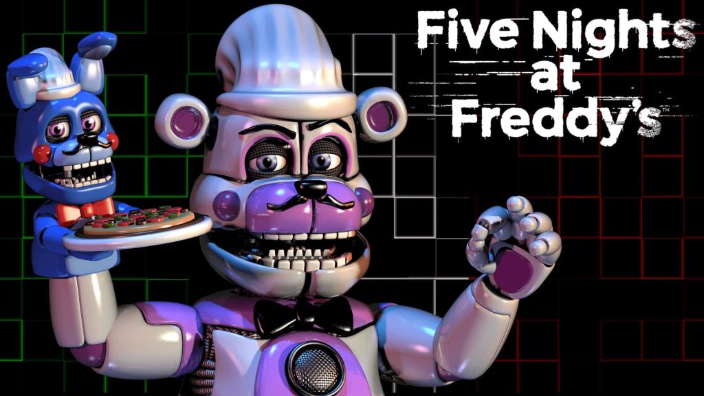 3D Funtime Freddy and Bon-Bon serving pizza on dark digital grid Five Nights at Freddy’s wallpaper