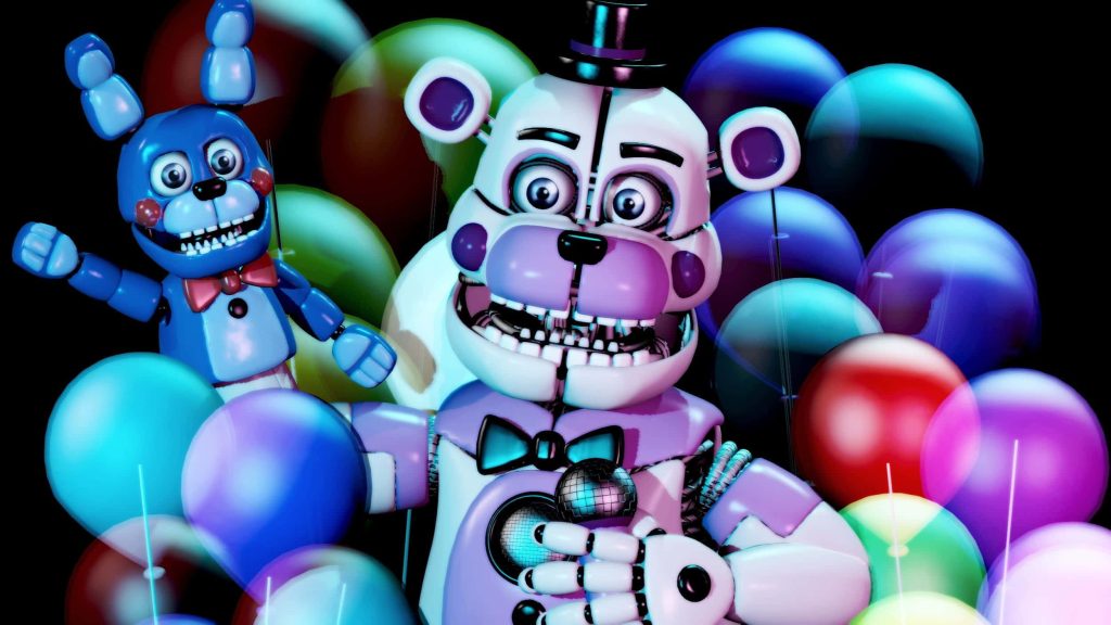 Funtime Freddy animatronic holding microphone with Bon-Bon colorful balloons 3D wallpaper