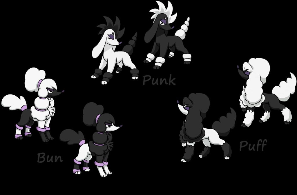 Sleek digital illustration of Furfrou in five custom grooming styles on minimalist black background Wallpaper