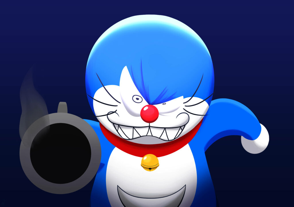 Doraemon's Furious Flourish: A Captivating Fanart Blending Cuteness and Indigo Intensity Wallpaper