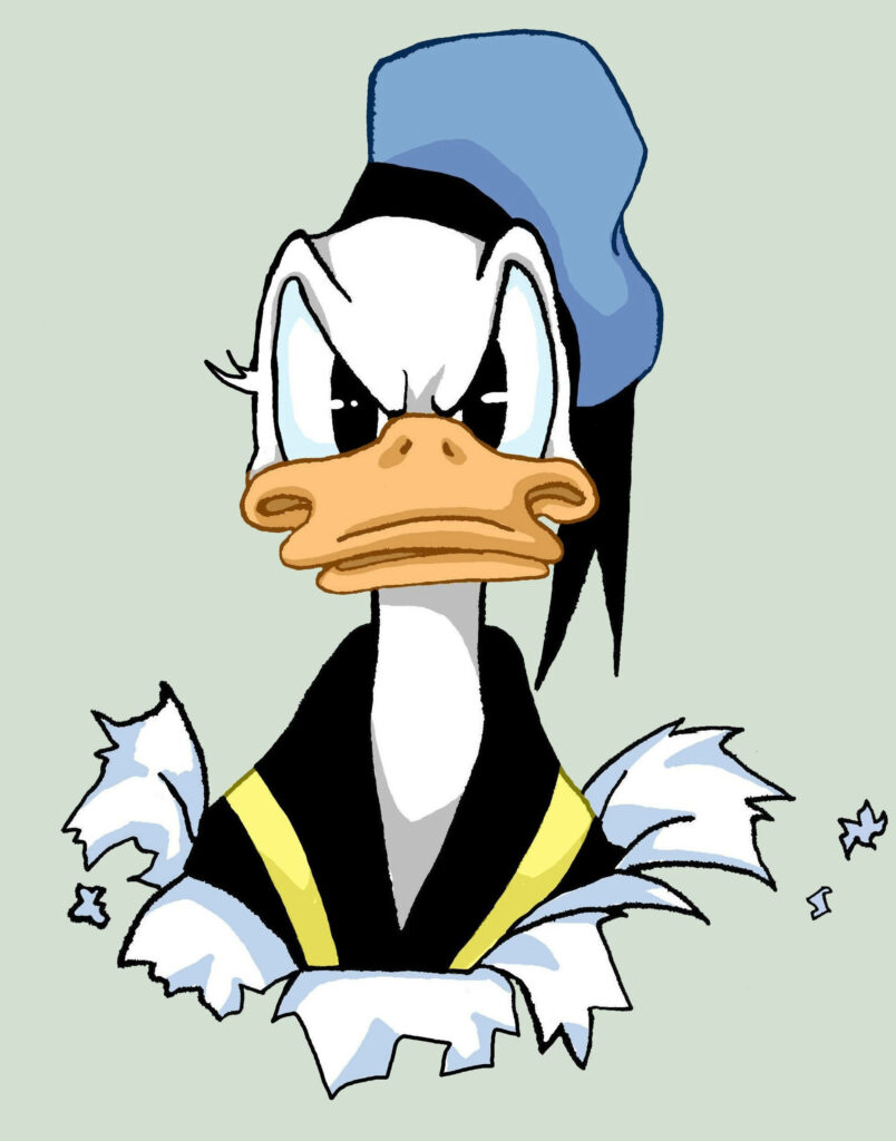 Angry Donald Duck in classic sailor outfit bursting through paper background wallpaper