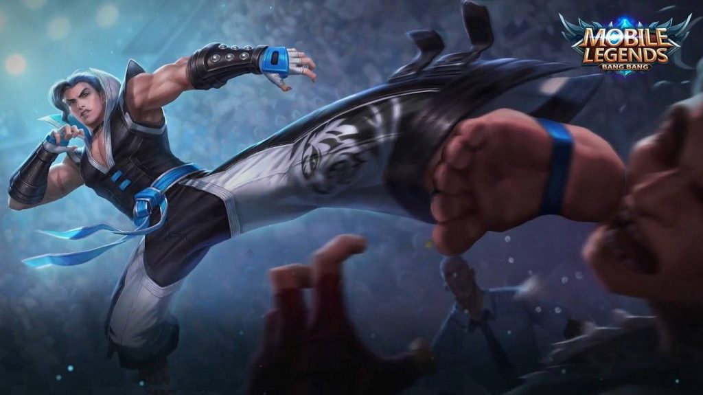 Dynamic Mobile Legends Chou Furious Tiger wallpaper with flying kick in blue black white colors