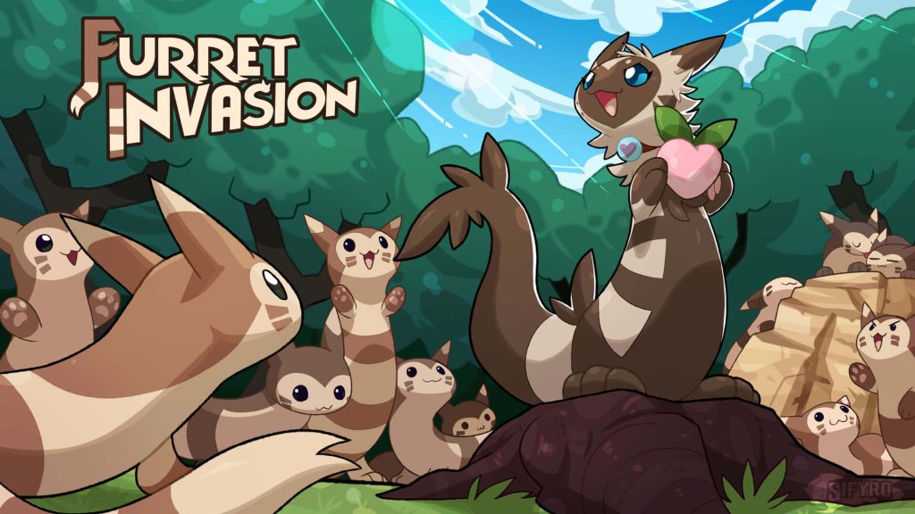 Furret Invasion digital art wallpaper by Sifyro with playful Furret family in sunlit forest background