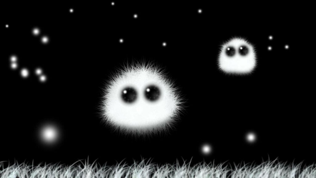 Floating Fluff: Adorable Digital Cartoon Icons in a Stylish Black Setting Wallpaper