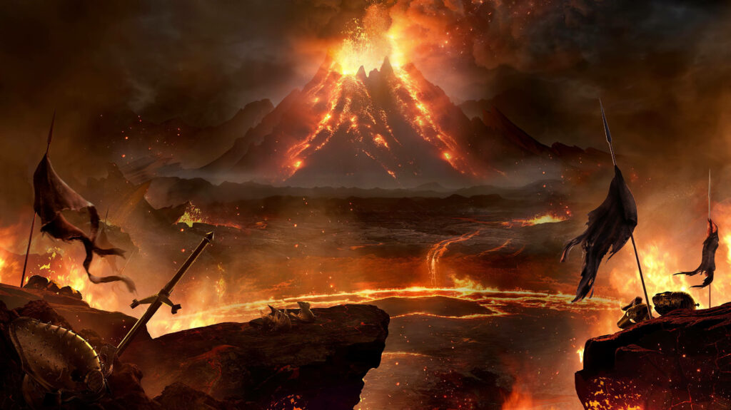 For Honor-Inspired Fiery Landscape with Volcano, Lava, Ancient Weapons, and Armor Wallpaper