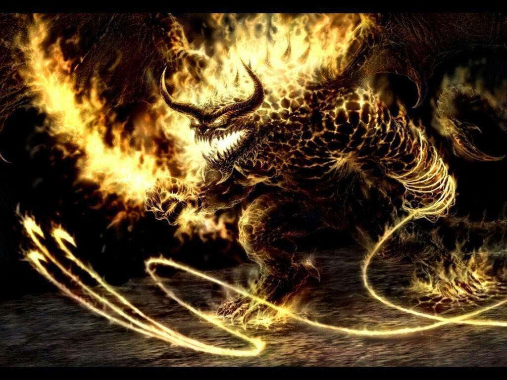 The Fierce Dragon-Humanoid Ensnared in Fiery Restraints: Captivating HD Dragon Background Image Wallpaper