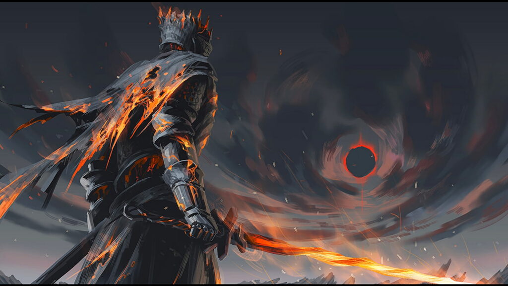 The Fiery Conqueror: A Majestic Artwork of the Soul of Cinder, the Ultimate Dark Souls Boss Wallpaper