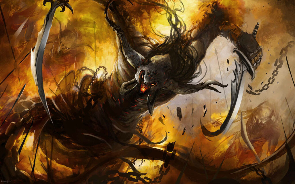 Infernal Fury: The Destructive Demon With Dual Curved Swords Wallpaper