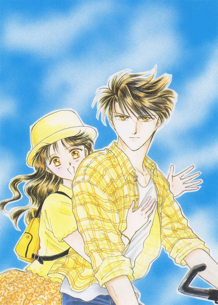 Fushigi Yuugi Miaka and Tamahome riding yellow bike under bright blue sky summer anime wallpaper