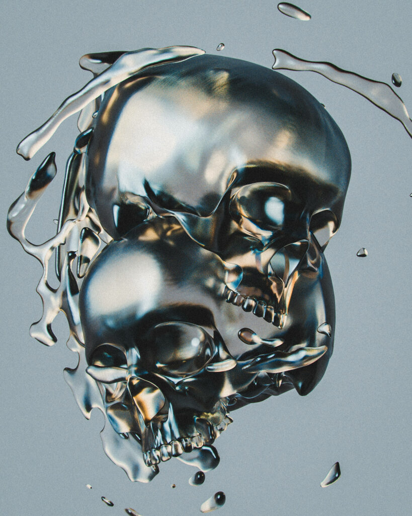Sleek and Metallic: Dual Silver HD Skulls Intertwined in a Mesmerizing Wallpaper