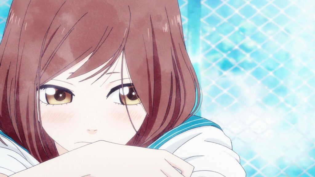 Futaba from Ao Haru Ride with gentle blush soft blue background tender heartfelt moment wallpaper