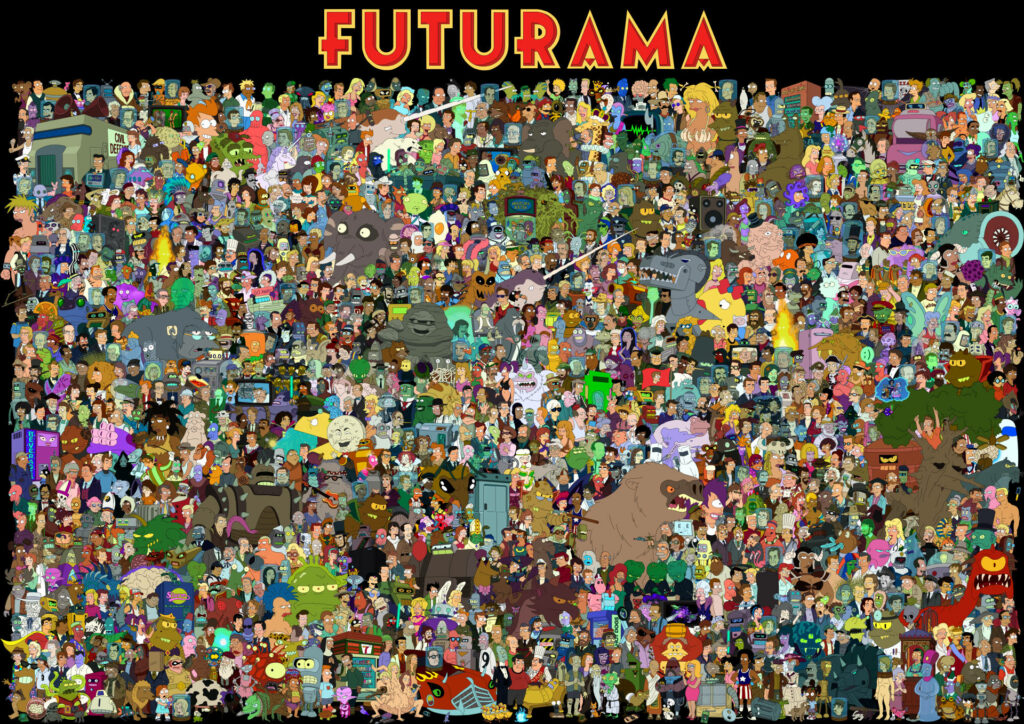 Futurama Wallpaper: Iconic Cast in a Vibrant Background Design