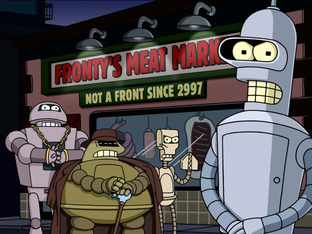 Futurama Characters at Fronty's Meat Market - Fun Wallpaper Background