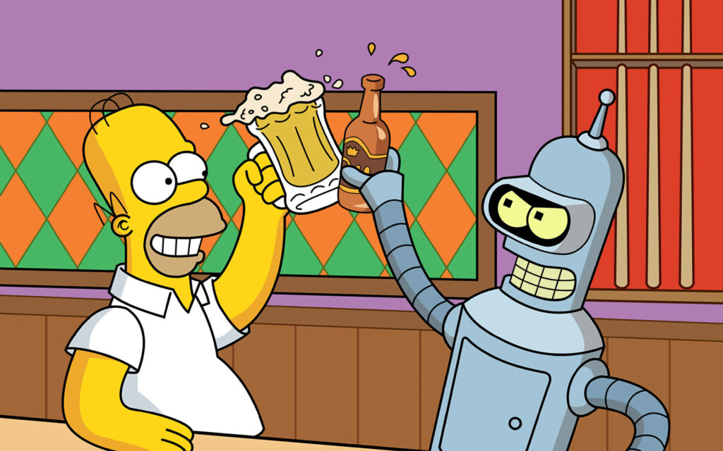 Colorful Futurama & Simpsons Wallpaper: Homer & Bender Party Together