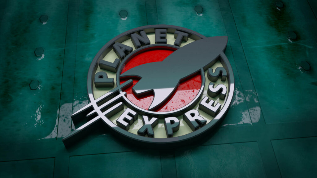 Futurama Planet Express Gray Logo on Teal Textured Wallpaper Background
