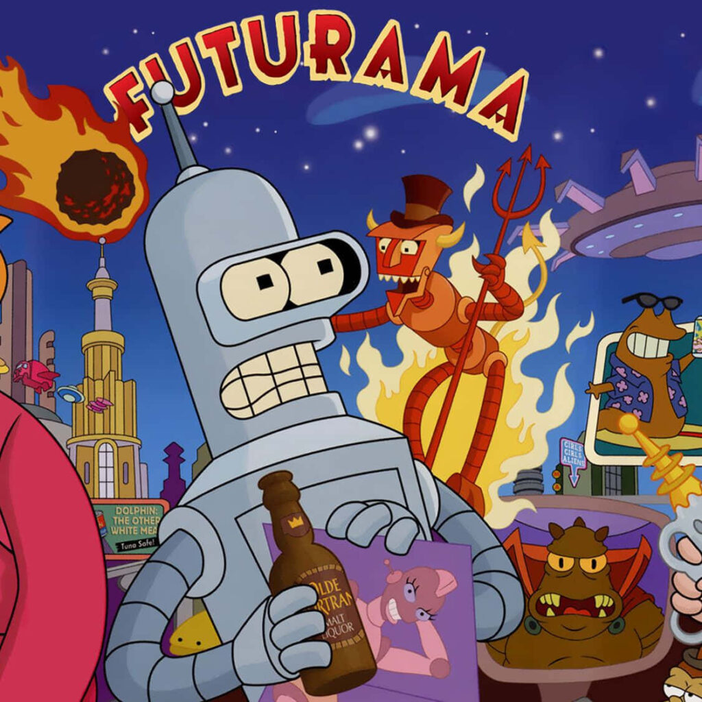 Vibrant Futurama Wallpaper: Birdbot Over Planet Express Building