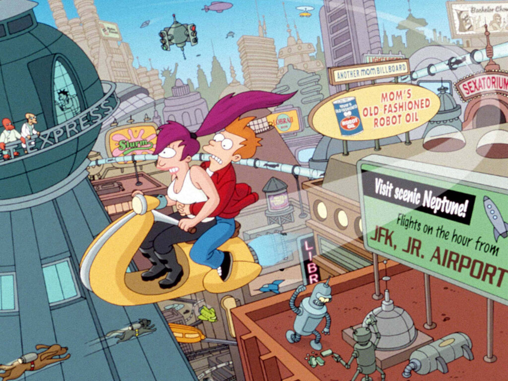 Futurama Wallpaper: Fry & Leela's Thrilling Scooter Ride