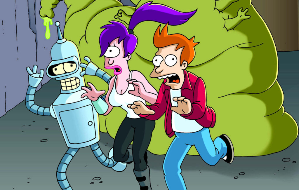 Animated Futurama Wallpaper: Planet Express Crew in Chaotic Adventure