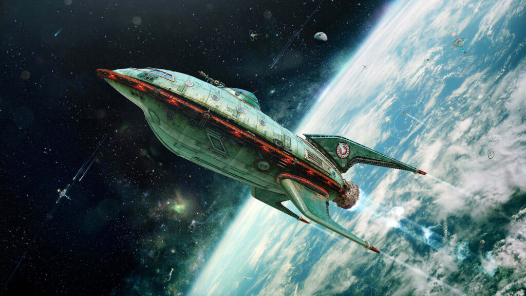 Vibrant Futurama Planet Express Spaceship Wallpaper in Space