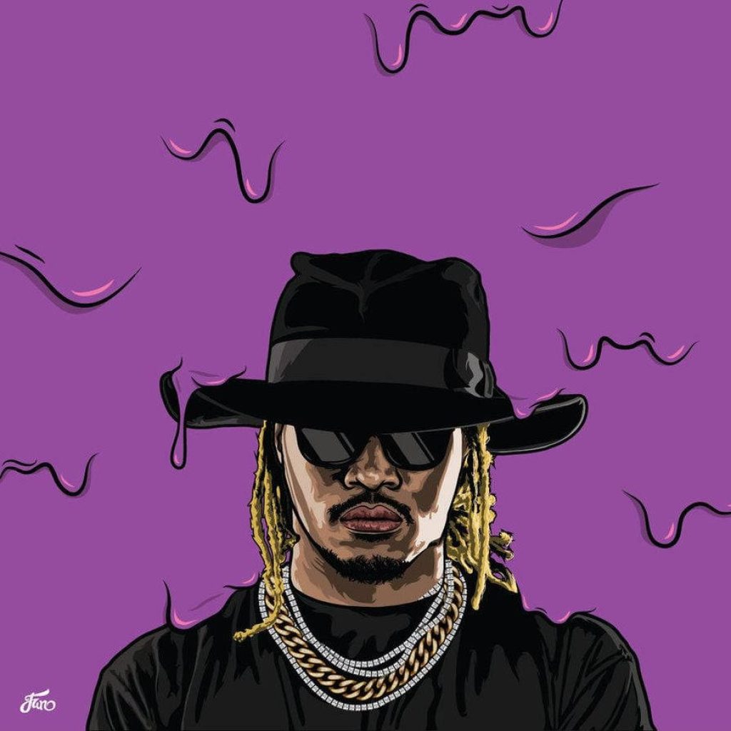 Digital illustration of rapper Future with blonde dreadlocks sunglasses and chains on purple background Wallpaper